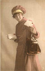 uniformed postlady delivering letters, faces left, looks forward, holds letter in left hand, stack of letters in her right hand