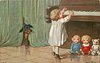 Image 1 - girl playing piano, dolls below, dachshund behind curtain