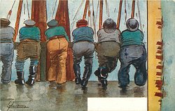 six fishermen lined up facing away, comes with & w/o WAITING FOR THE SMACKS or WEIGHTY SMACKS DISCHARGED DAILY for ILFRACOMBE only