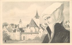 head & shoulders of one girl, in flemish costume, to the right side, infront of many buildings