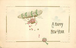 A HAPPY NEW YEAR early plane dropping purple flowers