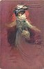 Image 1 - VINO DI CHINA FERRUGINOSO SERRAVALLO elegantly dressed woman with flowing skirt, elaborate hat with ostrich feather, fur scarf & muff stands facing right looking front/left, red/brown background
