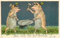 MANY LUCKY NEW YEAR GREETINGS two blacksmith pigs work on horseshoe with hammers, 4 leaf clovers above