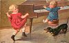 Image 1 - two children, one dances, one at piano, dachshund barks