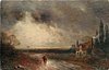 Image 2 - woman walking with child on road, cottage right, signpost behind & left of woman