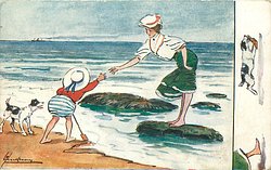 child extends a helping hand to pretty girl on rock cut off by the sea