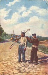 two men stand on bricked road, one has rake over shoulder, the other points something out to left
