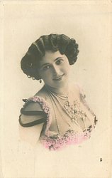 LIANE DE VRIES woman in pink dress, pearl necklaces