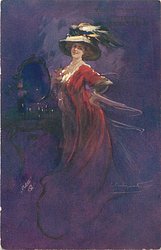 VINO DI CHINA FERRUGINOSO SERRAVALLO elegantly dressed woman with flowing skirt, elaborate hat with ostrich feather, stands by dressing table with mirror, hands behind her back,facing left, looking front, purple background