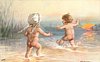 Image 1 - two nude children splash in lake, setting sun upper right