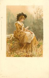 girl sits on rock reading a letter, "summer days" on English backed card