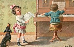 two children, one at piano, one sings, dachshund joins in