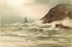 seascape, sailboat in storm approaches large rock two gulls centre front