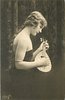 Image 1 - pretty girl with long hair in off shoulder dress faces right with mandolin held before her, looks right & down