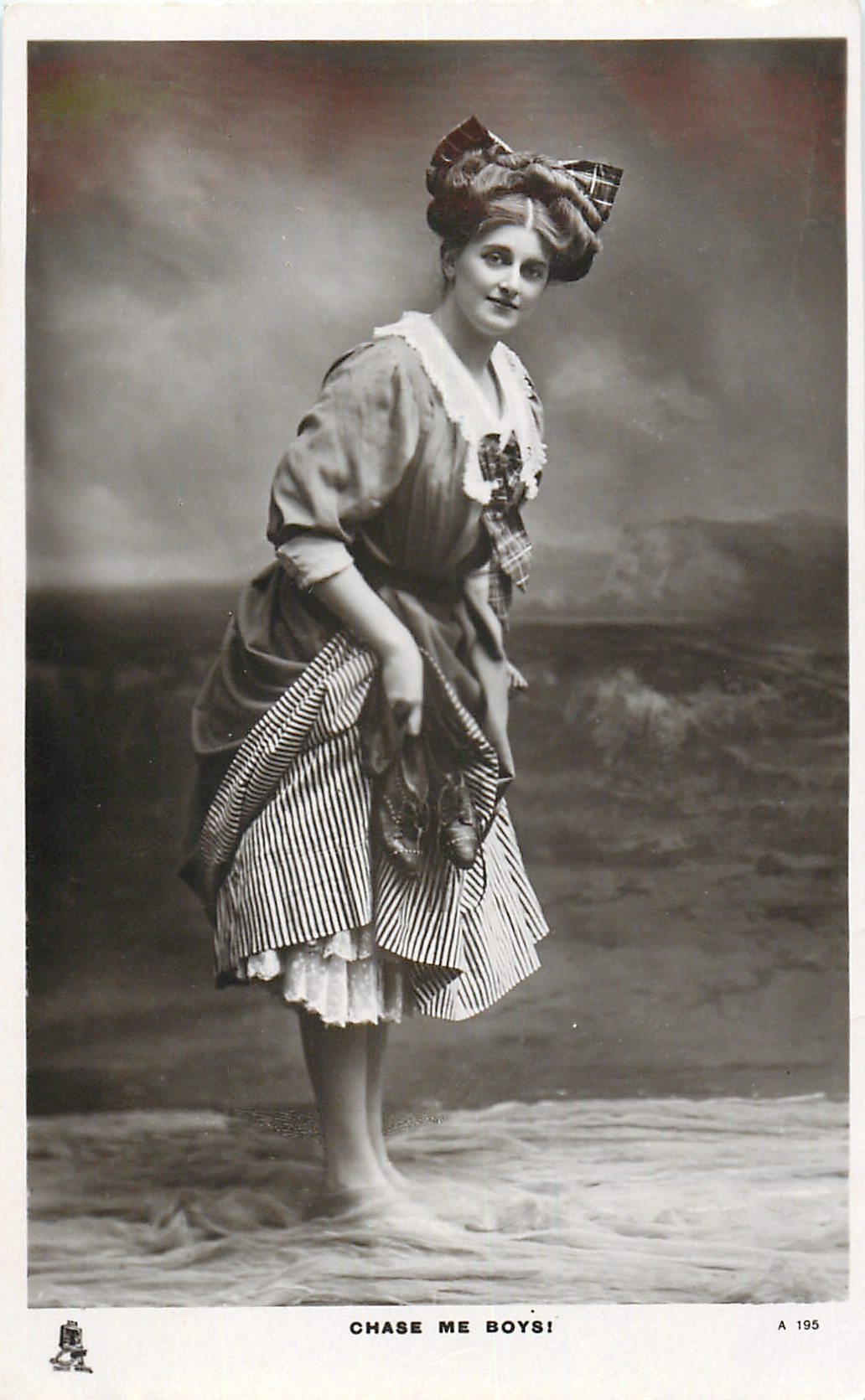 CHASE ME BOYS! young woman wades in ocean, holding up skirt - TuckDB  Postcards