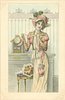 Image 1 - elegantly dressed girl wearing bonnet stands in front of fire-place adjusting her hat ribbon, clock behind left