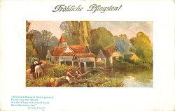 man woman & child sit on fallen tree front left, two horses left, buildings & trees back, FROLICHE PFINGSTEN