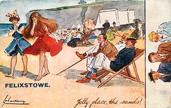 JOLLY PLACE, THE SANDS! two men in deck chairs ogle two pretty girls walking by