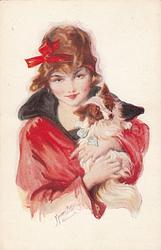 Woman in red dress, black collar holding dog,