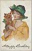 Image 3 - Woman in yellow dress, green ribbon and bow on hat holding dog,