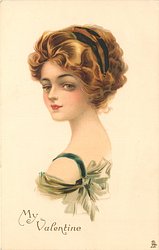 MY VALENTINE head & shoulders study, faces left, looks front/left, cream dress, blue/black shoulder-strap