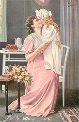 mother seated by table, daughter stands on chair with her, they kiss, pink roses left