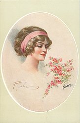 inset of pretty brunette, with pink head band, looking right & down at blossom