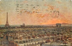 view across Paris, Eiffel tower left, Arc de Triomphe right