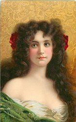 head & shoulder study, red roses on either side of head, green dress, much cleavage, faces slightly right, looks up & left (Marian in English set)