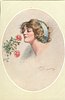 Image 1 - inset of pretty brunette, with blue head band, looking left at roses