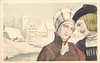 Image 1 - head & shoulders of young couple in flemish costume to right, scene of wintry buildings behind