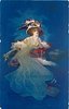 Image 1 - VINO DI CHINA FERRUGINOSO SERRAVALLO elegantly dressed woman with flowing skirt, elaborate hat with ostrich feather, sits by table with tea tray, left hand to chin,facing right looking front, blue background