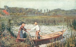 man helps woman into boat on a very reedy waterway, house with fence upper left
