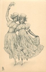 two girls dance front, one holds flowers high in her right hand