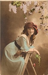 girl facing right leaning on step-ladder, looking front, holding rose with right hand, lilac above