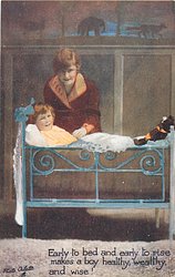 EARLY TO BED AND EARLY TO RISE MAKES A BOY HEALTHY, WEALTHY AND WISE! mother behind boys bed, teddy at foot