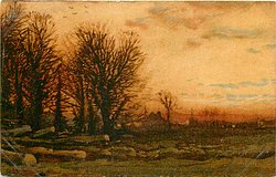 logs lower left front, trees behind, silhoette of distant buildings centre right