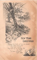 NEW YEAR GREETINGS with verse, primroses below leafless tree