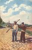 Image 1 - two men stand on bricked road, one has rake over shoulder, the other points something out to left