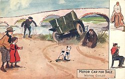 WATER COOLED children & dog observe car partly in river, driver & passenger dripping wet