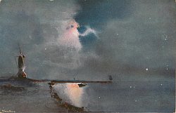 night seascapes, moon behind clouds over shore-line, windmill left
