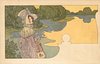Image 1 - bonnetted lady with bag & umbrella on her right arm looks over lake