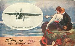 inset THE BLERIOT MONOPLANE IN FULL FLIGHT couple sit close on rocks, she wears a white top & brown skirt, red hat & parasol, they look out to sea