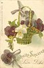 Image 1 - basket of many coloured pansies hanging from purple ribbon