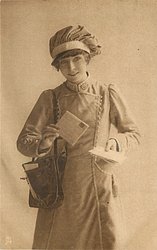 uniformed postlady delivering letters, faces left, looks forward, letters in her both hands