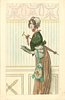 Image 1 - elegantly dressed girl wearing bonnet stands in front of wall, facing left, looking front, unbrella tucked under her right arm