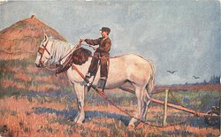 boy rides sideways on horse pulling farm equipment left
