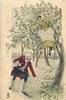 Image 1 - woman in tree has dropped shoe, man about to pick it up