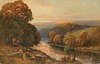 Image 1 - river between treed bank to left, meadow rises behind trees to right, distant man sitting with two sheep on left