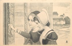 head & shoulders of two girls, in flemish costume, next to large stone building, one pulls chain